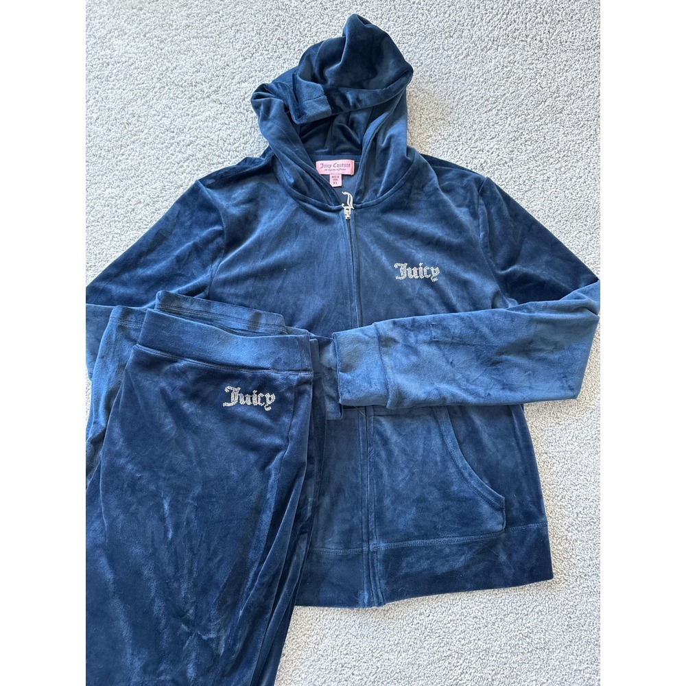 Juicy Couture Velour Tracksuit Y2K Hoodie Pants Blue Rhinestone Logo‎ Women XL